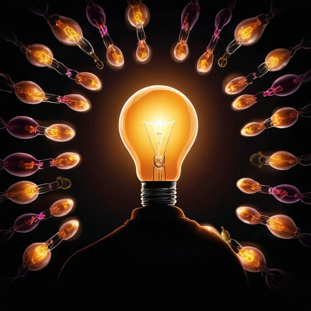 A powerful illustration of a radiant light bulb illuminating a dark background, symbolizing hope in oncology. Silhouettes of diverse individuals sharing stories, intertwined with molecular structures representing cancer cells. Use warm, uplifting colors to evoke inspiration and resilience, with subtle rays of light extending outward. super-realistic. vibrant colors. dark background.