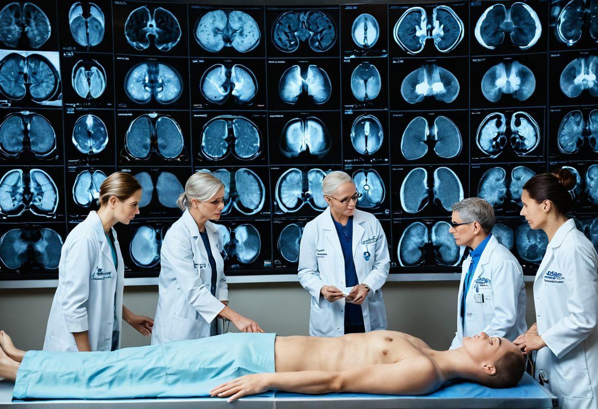 A dynamic collage depicting a dedicated medical team analyzing advanced imaging scans, such as MRIs and CT scans, while a supportive patient watches. Include elements like cancer awareness ribbons subtly woven into the background, emphasizing the transition from awareness to action. A blend of hope and technology is crucial, showcasing both the human aspect and the innovation in cancer care. super-realistic. vibrant colors. 3D.