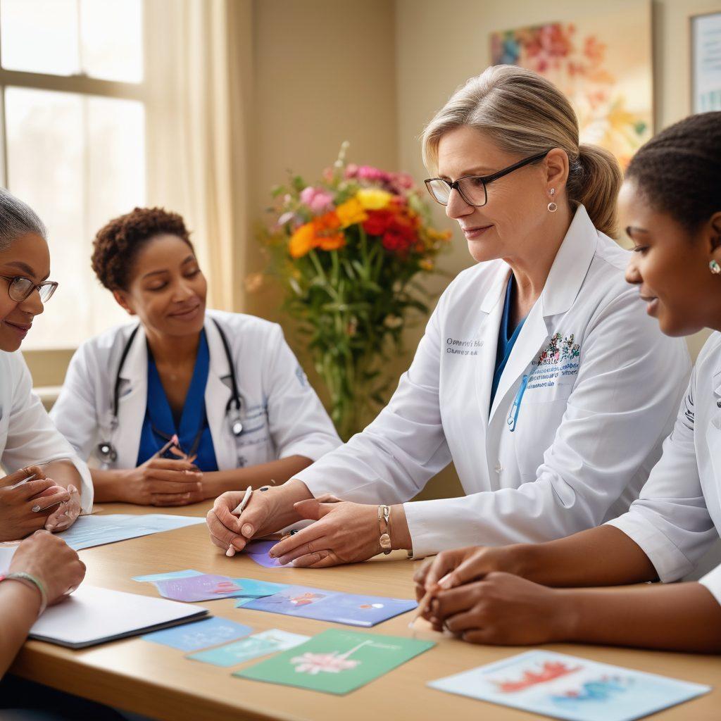 A compassionate oncologist and a diverse group of patients collaborating around a table filled with treatment options and supportive materials, surrounded by symbols of hope such as ribbons and a blooming plant. A soft light illuminates the space, emphasizing community and empowerment. The patients range in age and ethnicity, showcasing inclusivity and support. super-realistic. vibrant colors. warm atmosphere.